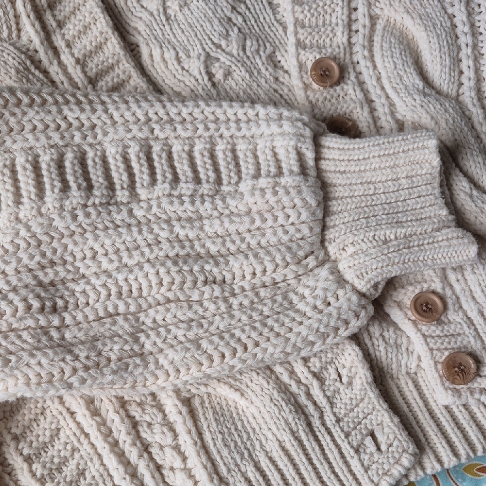 Cream/Off-White Cable Knit Cardigan with Puffy Sleeves - Picture 4 of 7